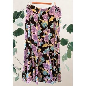 Coldwater Creek Woman’s Skirt 2X Black Purple Blue Floral Print